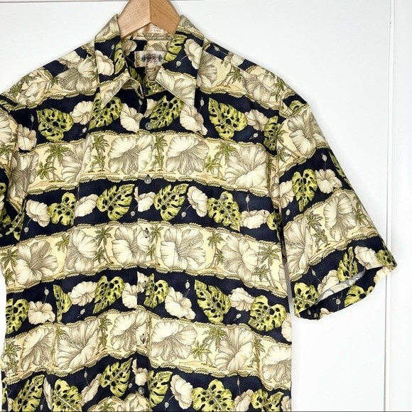 70s Vintage Campia Moda Hawaiian Shirt Blue Cream Print Men's Medium Cotton Top - Picture 2 of 4